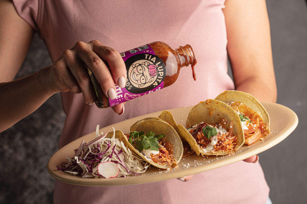 Tia Lupita Hot Sauce on tacos 